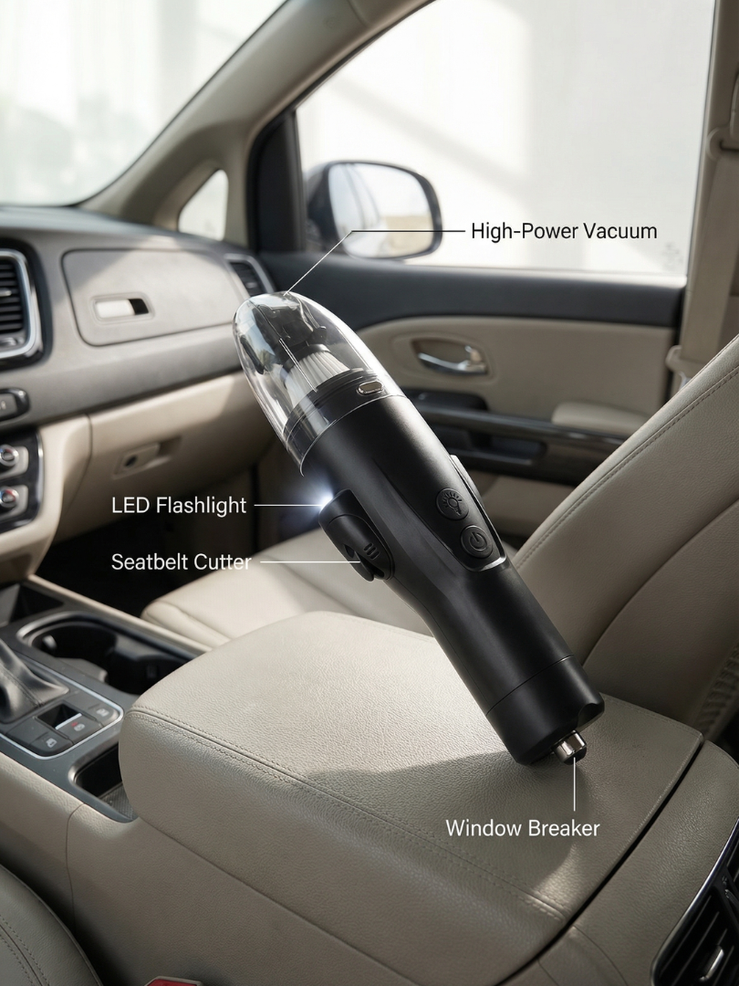 SAFE cordless car vacuum cleaning car seats, car window breaker tool
